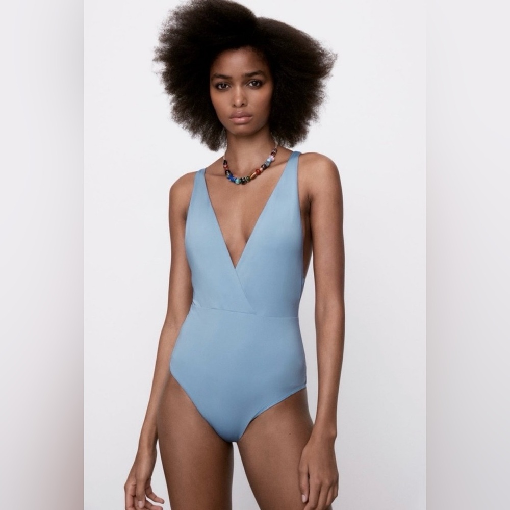 Zara Blue Women's One Piece V Neck Swimsuit